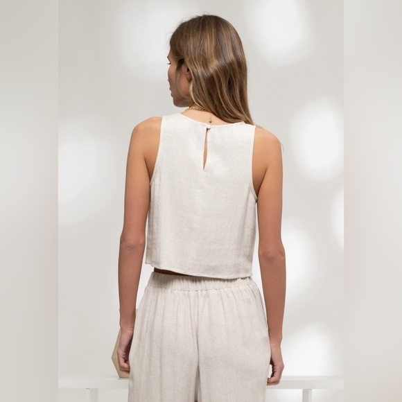 734. Round Neck Top and High Waist Wide Leg Pant Set in Oatmeal - Picture 3 of 4